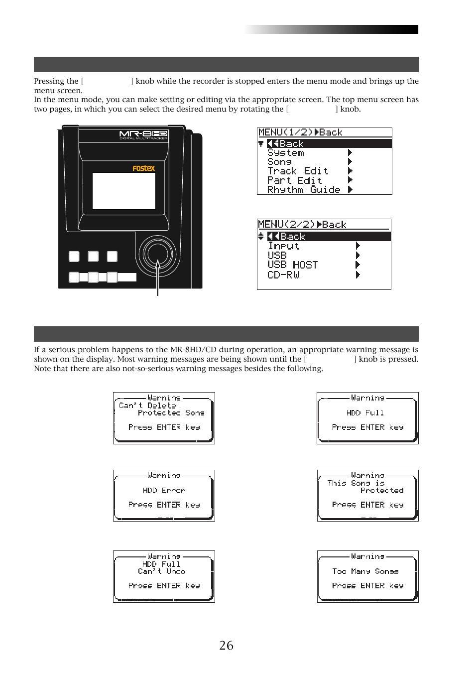 Mr-8hd/cd, Menu screen warning message, Owner’s manual (names and functions) | Fostex MR-8CD User Manual | Page 26 / 148