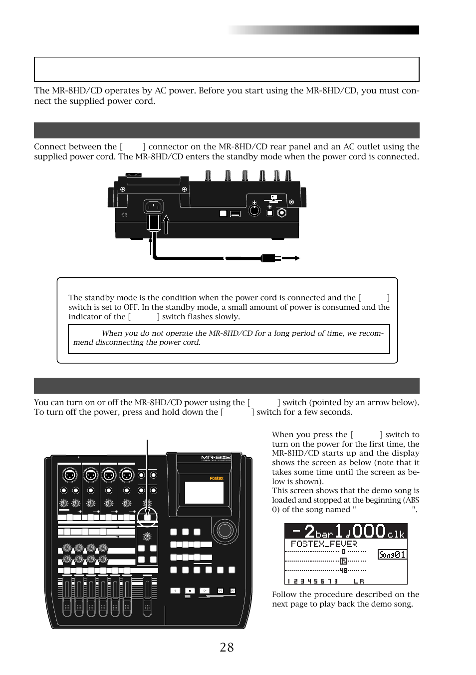 About power, Mr-8hd/cd, Power connection | Turning on the unit, Owner’s manual (basic operations), About the standby mode, Ac outlet supplied power cord | Fostex MR-8CD User Manual | Page 28 / 148