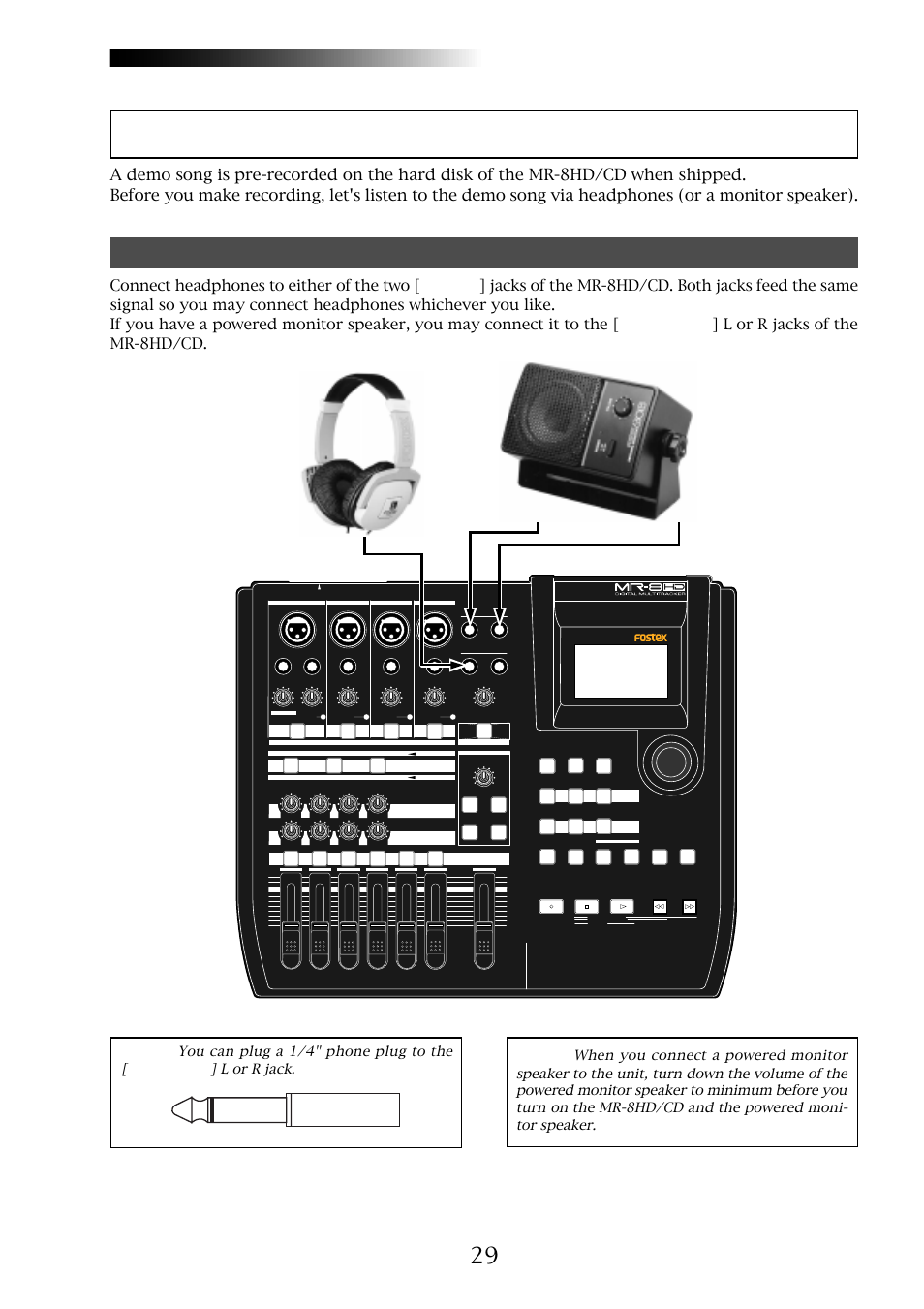 Listening the demo song, Mr-8hd/cd, Owner’s manual (basic operations) | Powered monitor speaker headphones | Fostex MR-8CD User Manual | Page 29 / 148