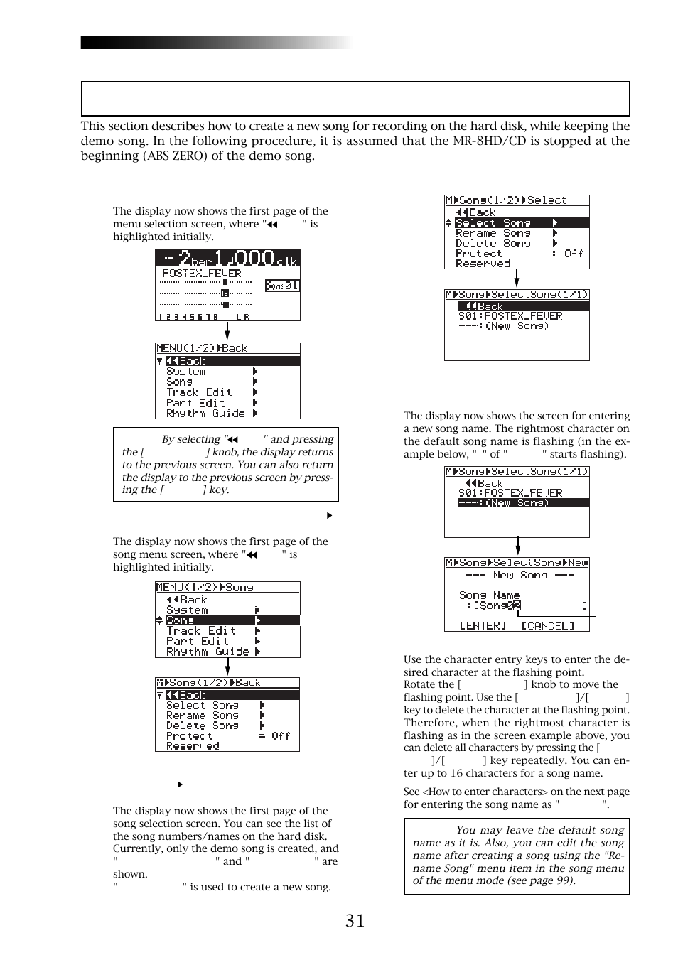 Creating a song for recording, Mr-8hd/cd | Fostex MR-8CD User Manual | Page 31 / 148