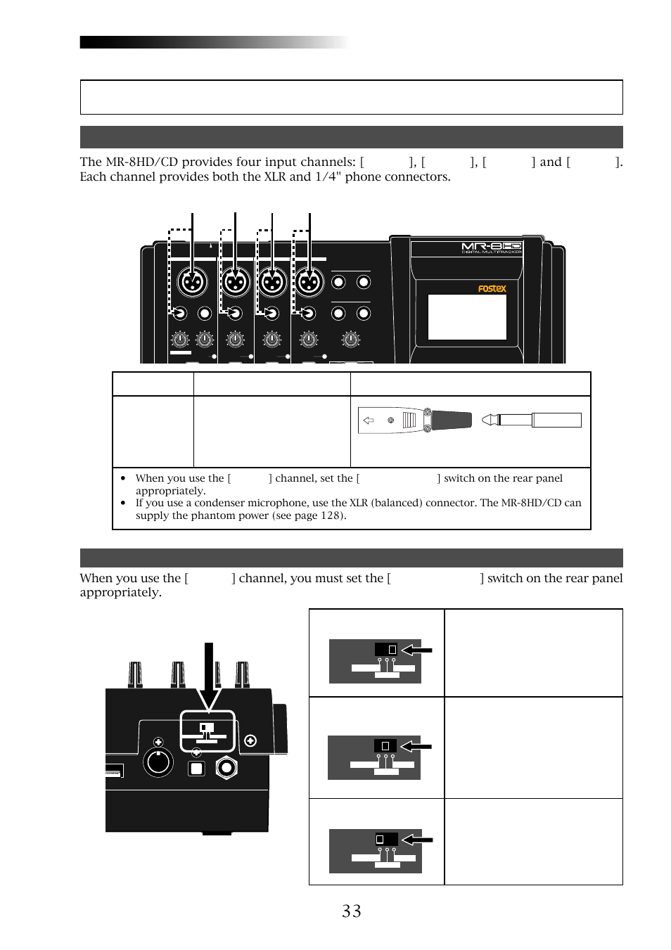 Input connection, Mr-8hd/cd, Input channel | Input a select] switch, Owner’s manual (basic operations), Input a input b input c input d | Fostex MR-8CD User Manual | Page 33 / 148