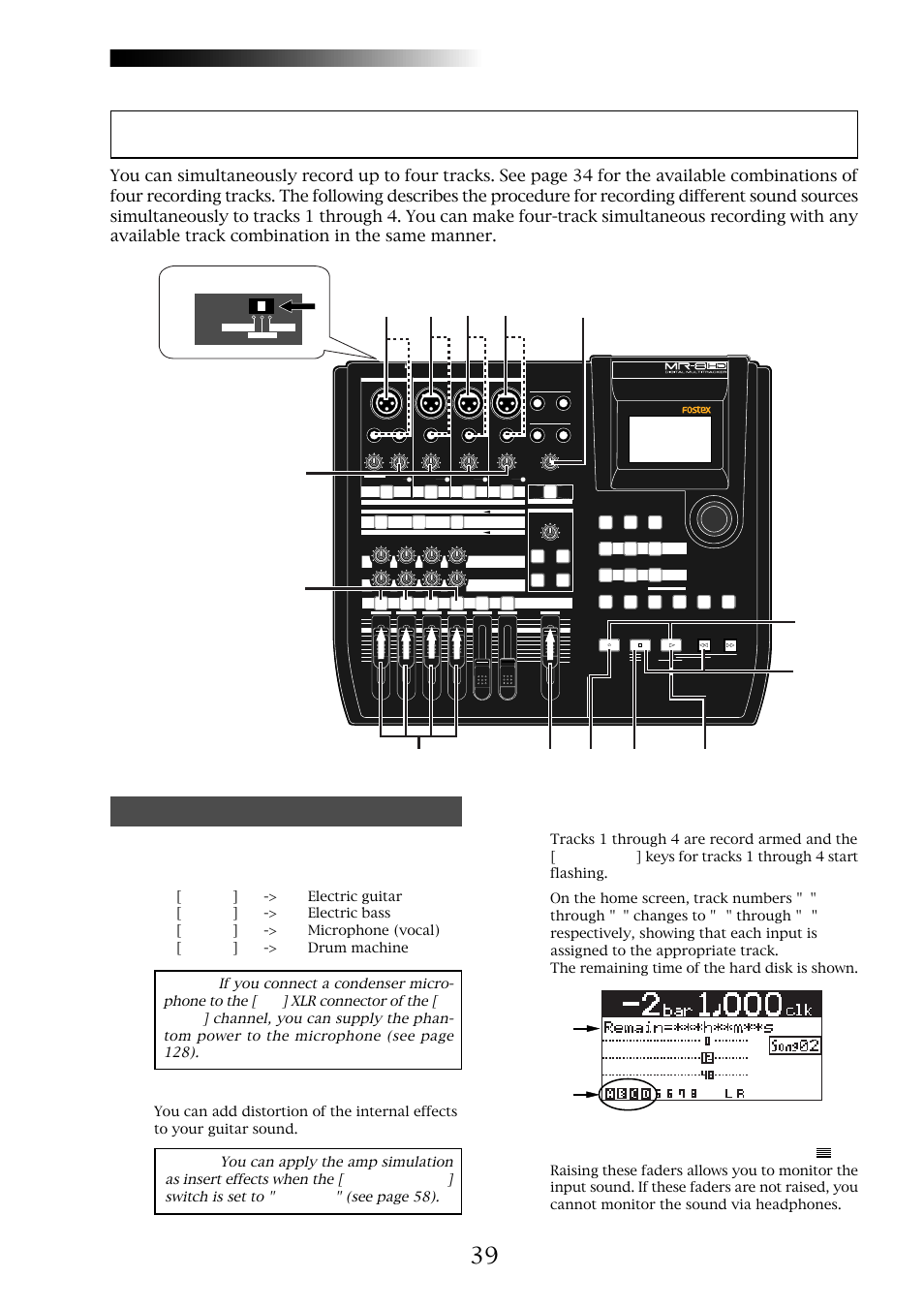 Recording onto four tracks simultaneously, Mr-8hd/cd, Preparation for recording | Owner’s manual (basic operations), 2) set the [input a select] switch to "gtr dist | Fostex MR-8CD User Manual | Page 39 / 148