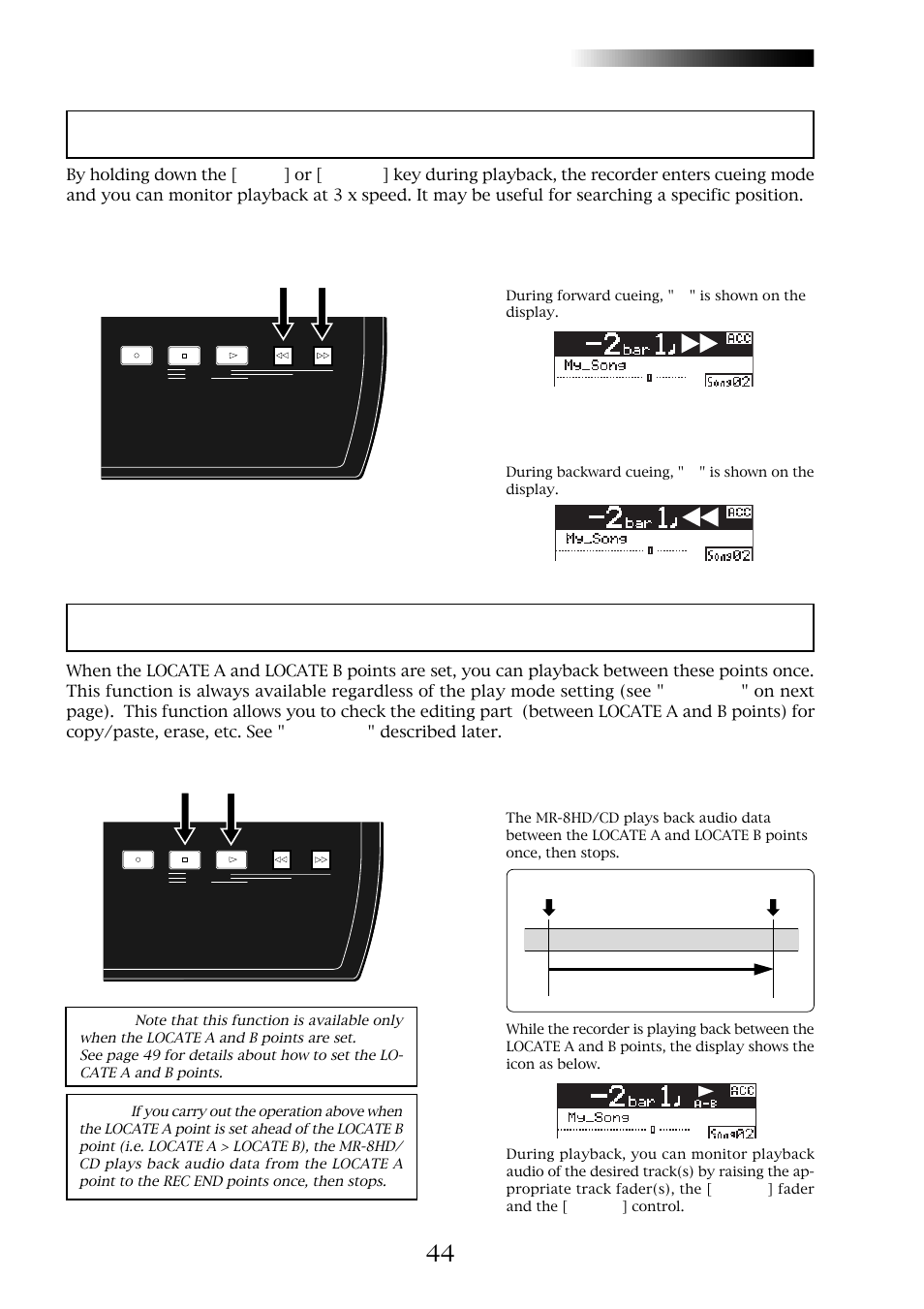 3 x cueing playback between locate a and b points, Mr-8hd/cd | Fostex MR-8CD User Manual | Page 44 / 148