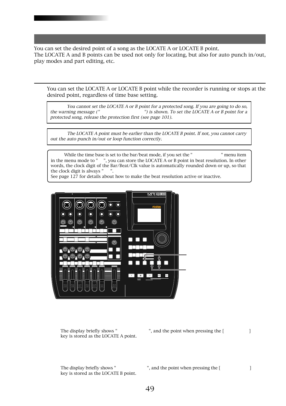 Mr-8hd/cd, Locating to the locate a or locate b point, Setting the locate a or locate b point | Fostex MR-8CD User Manual | Page 49 / 148