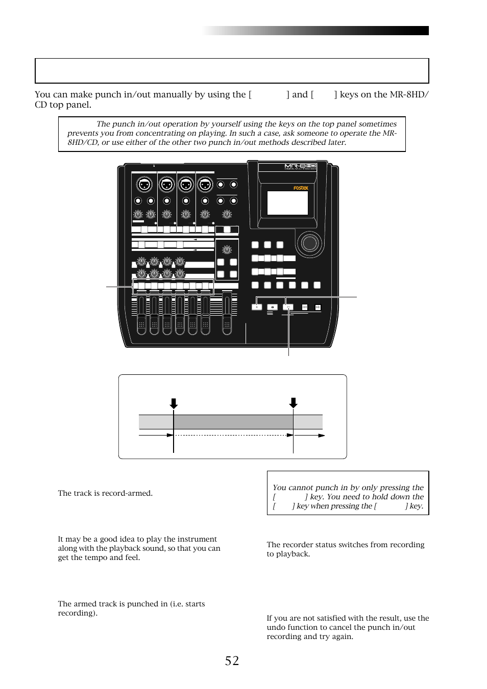 Punch in/out using the keys on the top panel, Mr-8hd/cd, Owner’s manual (punch in/out) | The track is record-armed | Fostex MR-8CD User Manual | Page 52 / 148
