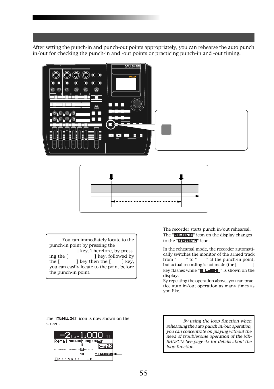 Mr-8hd/cd, Rehearsal for auto punch in/out, Owner’s manual (punch in/out) | How to make auto punch in/out mode active, The " " icon is now shown on the screen, Lighting | Fostex MR-8CD User Manual | Page 55 / 148