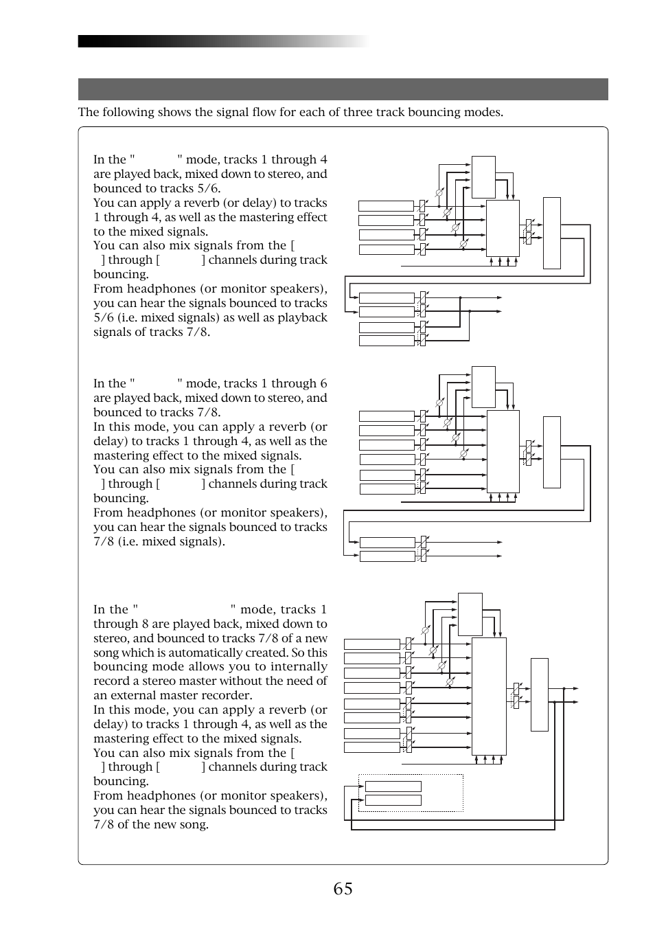 Mr-8hd/cd, Signal flow of track bouncing, 8 > new song" mode (see page 70) | Fostex MR-8CD User Manual | Page 65 / 148