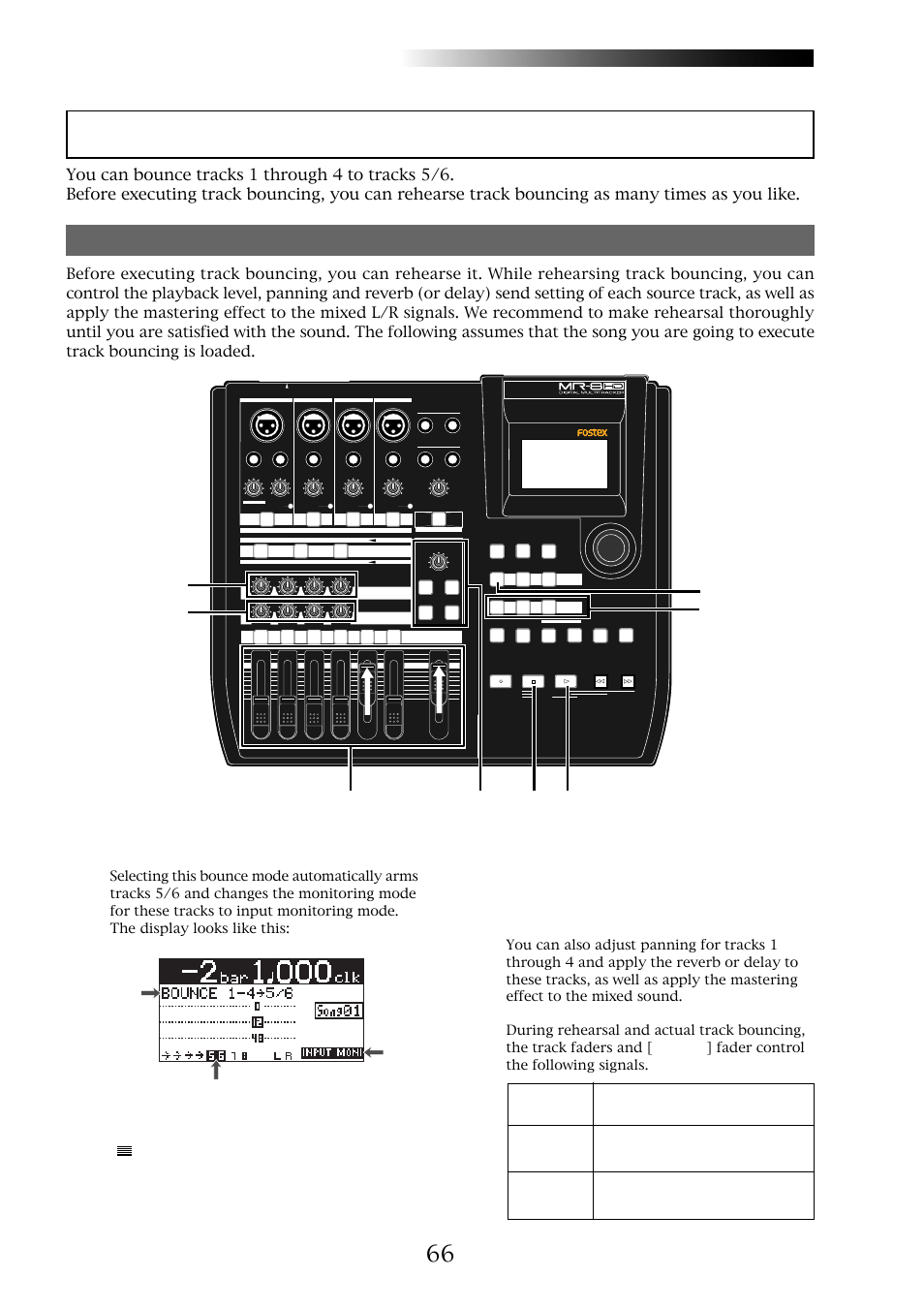 Bouncing tracks 1 through 4 to tracks 5/6, Mr-8hd/cd, Rehearsal of track bouncing | Owner’s manual (track bouncing), Lighting flashing, Lighting | Fostex MR-8CD User Manual | Page 66 / 148