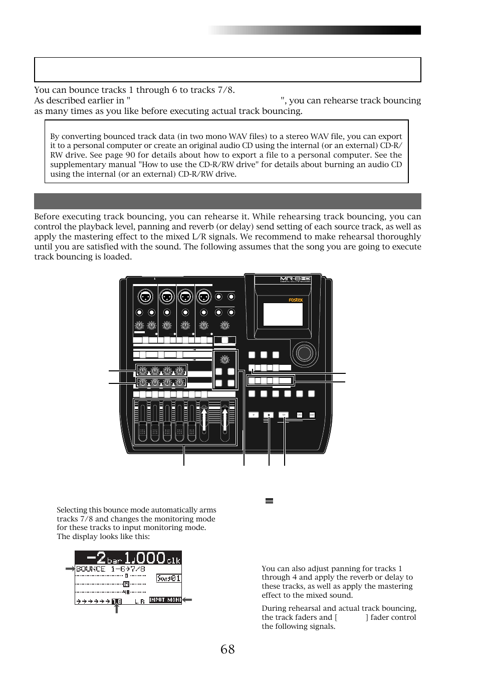 Bouncing tracks 1 through 6 to tracks 7/8, Mr-8hd/cd, Rehearsal of track bouncing | Owner’s manual (track bouncing), Lighting flashing, Lighting | Fostex MR-8CD User Manual | Page 68 / 148