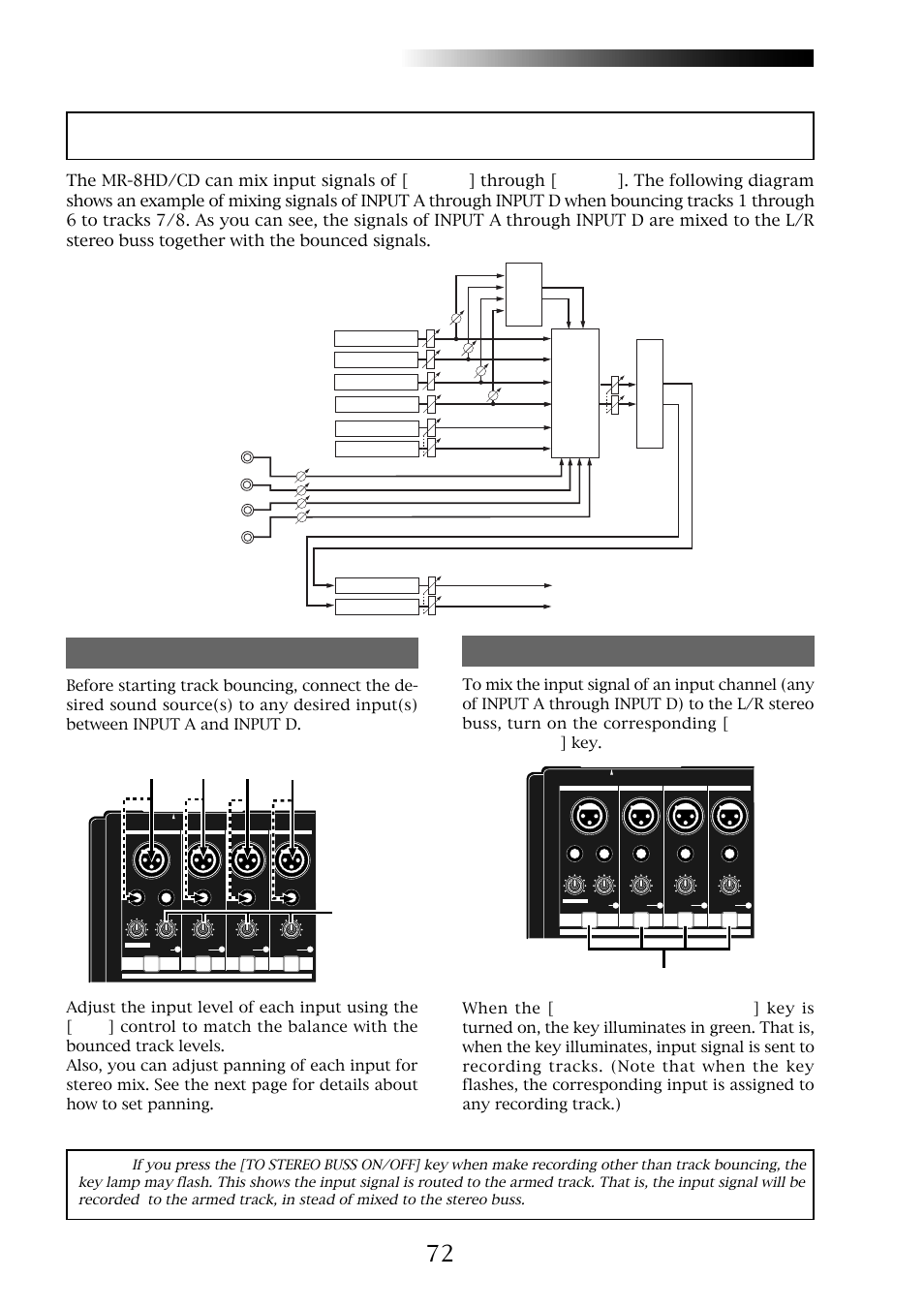Mixing signals of inputs a through d, Mr-8hd/cd, Owner’s manual (track bouncing) | Mixing, Trk 4 trk 3 trk 2 trk 1, Trk 5 trk 6, Trk 7 trk 8, Trim] control, Sound source (s) | Fostex MR-8CD User Manual | Page 72 / 148