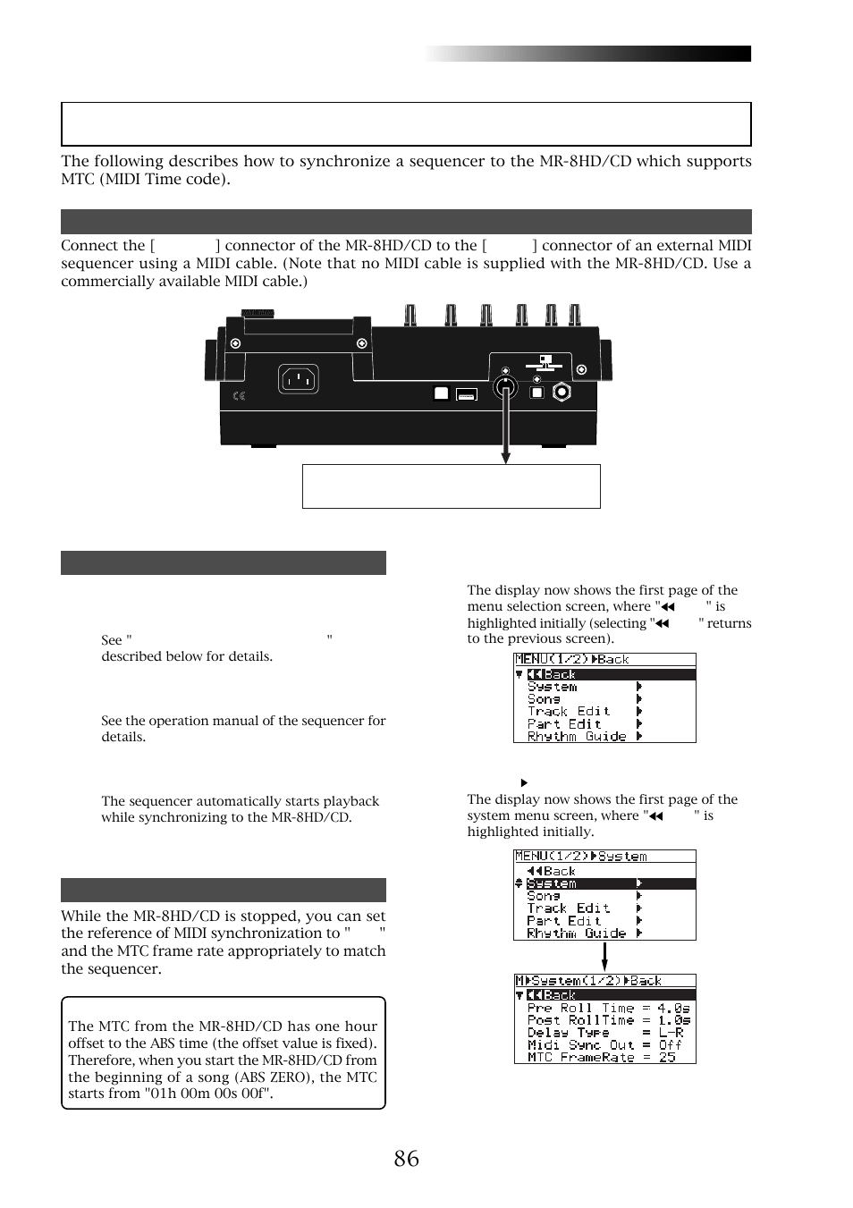 Synchronization using mtc, Mr-8hd/cd, Connection | Owner’s manual (midi synchronization) | Fostex MR-8CD User Manual | Page 86 / 148