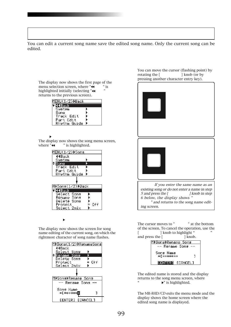 Editing a song name, Mr-8hd/cd | Fostex MR-8CD User Manual | Page 99 / 148