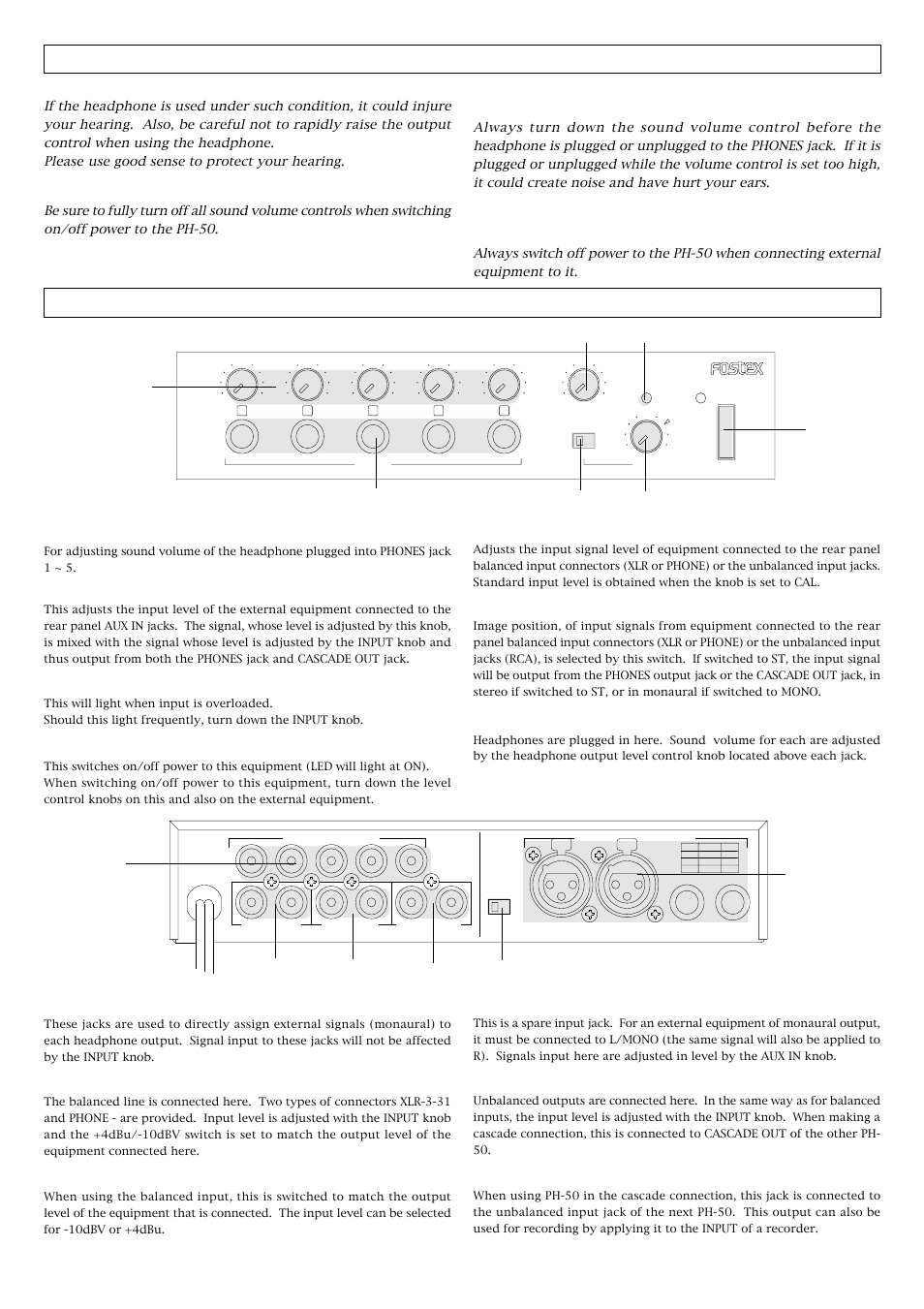 Names and functions of the controls and jacks, Front panel, Rear panel | Aux input jack [aux in, Unbalanced input jack [input, Cascade output jack [cascade out, Channel input jacks [channel in 1 ~ 5, Balanced input connector [input, Balanced input level selector switch [+4dbu/-10dbv, Headphone output level control knob [phones 1 ~ 5 | Fostex PH-50 User Manual | Page 2 / 4