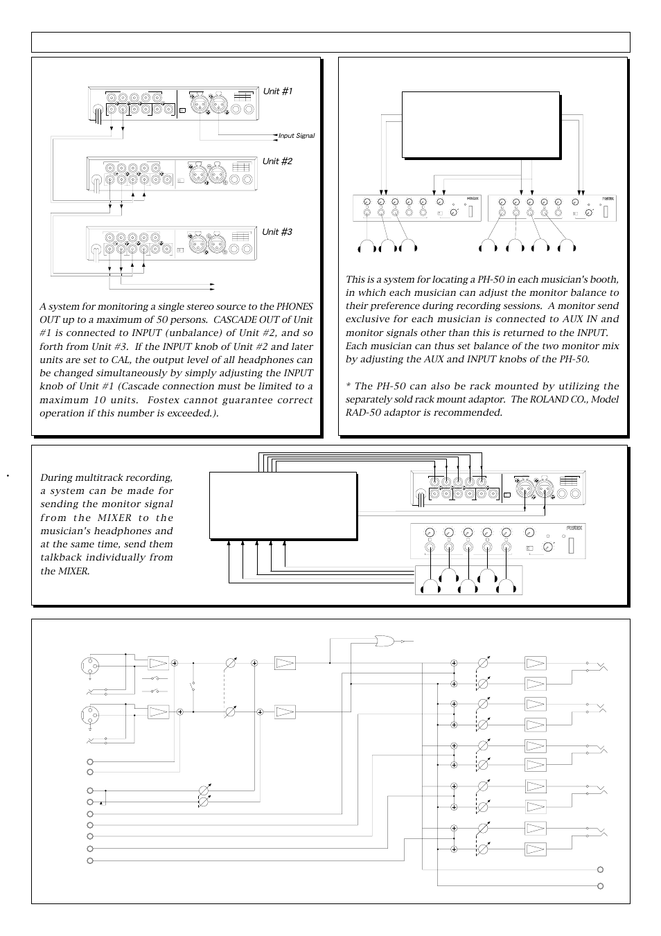 Block diagram, Ph-50 operating examples, Cue box | Monitoring system by cascade connection, Recording studio, Mixer, Unit #2 unit #1 unit #3, Cue out mon out input | Fostex PH-50 User Manual | Page 3 / 4