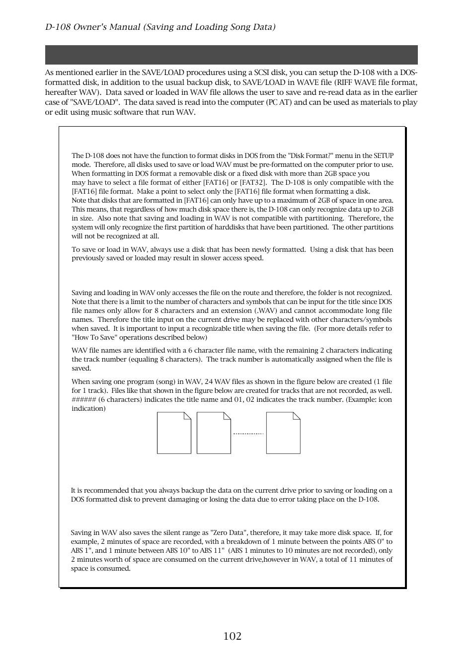 Save/load using a dos-formatted disk (wav file), Formatting | Fostex D-108 User Manual | Page 102 / 141