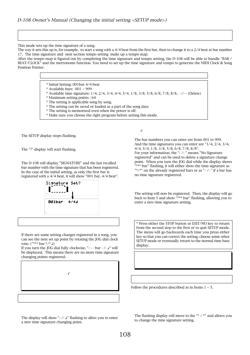 Time signature setting ("signature set?"), Time signature setting check, Time signature register | Time signature edit & delete, Choose "signature set?" with the jog dial, Press the execute/yes key | Fostex D-108 User Manual | Page 108 / 141