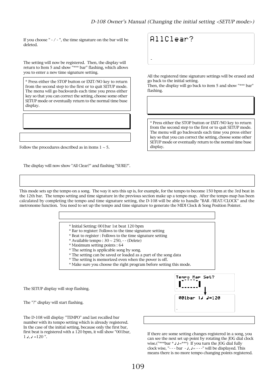 Tempo setting ("tempo map set?"), Delete all time signature setting at once, Tempo setting check | Press the execute/yes key to proceed, Choose "tempo map set?" with the jog dial, Press the execute/yes key, Turn the jog dial when the d-108 displays "tempo, Follow the procedures described as in items 1 ~ 5, The setup display will stop flashing, The "?" display will start flashing | Fostex D-108 User Manual | Page 109 / 141