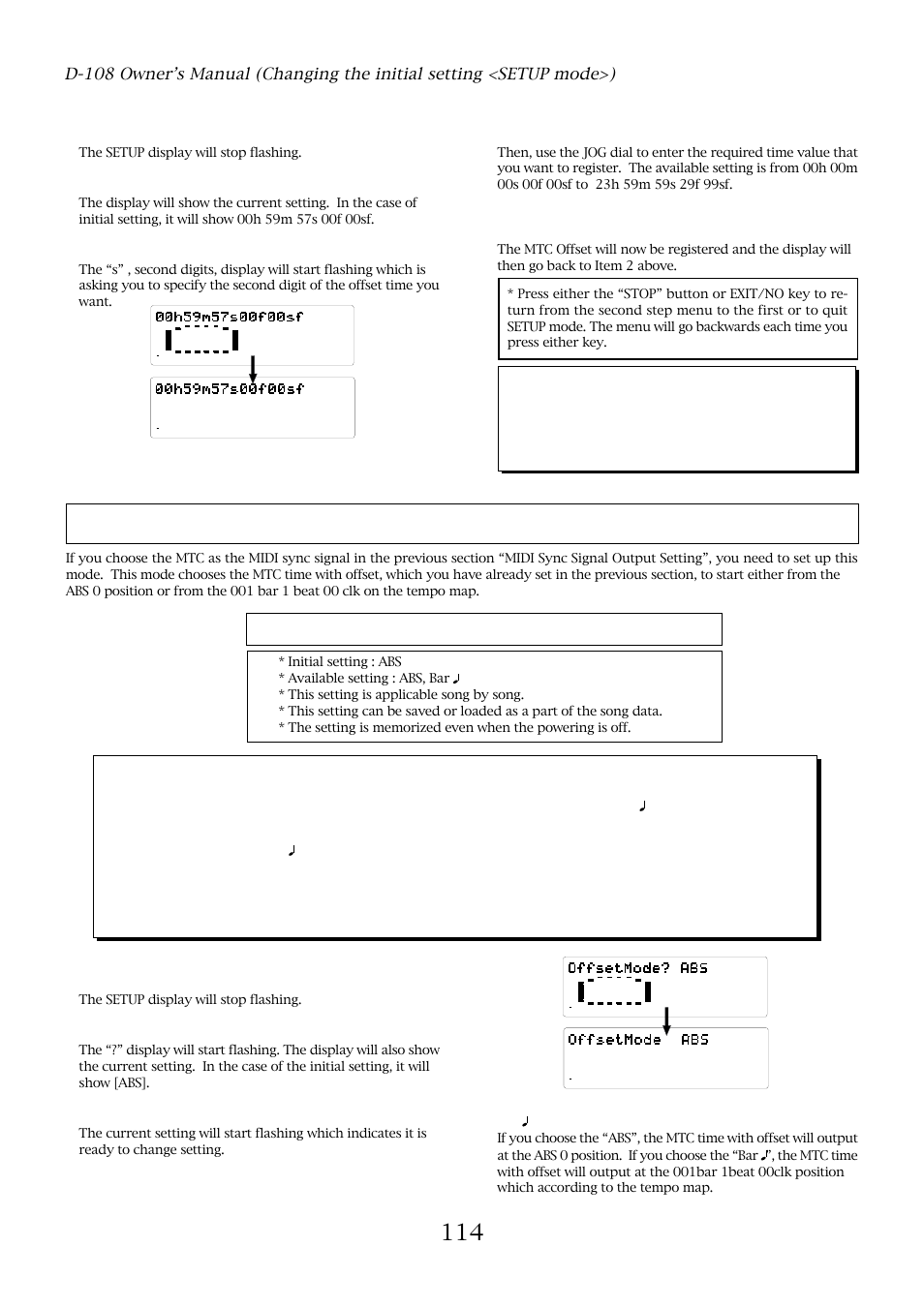 Mtc offset mode setting ("mtc offset ? "), With the jog dial, choose “offset, Press the execute/yes key | With the jog dial, choose “offset mode, The setup display will stop flashing | Fostex D-108 User Manual | Page 114 / 141