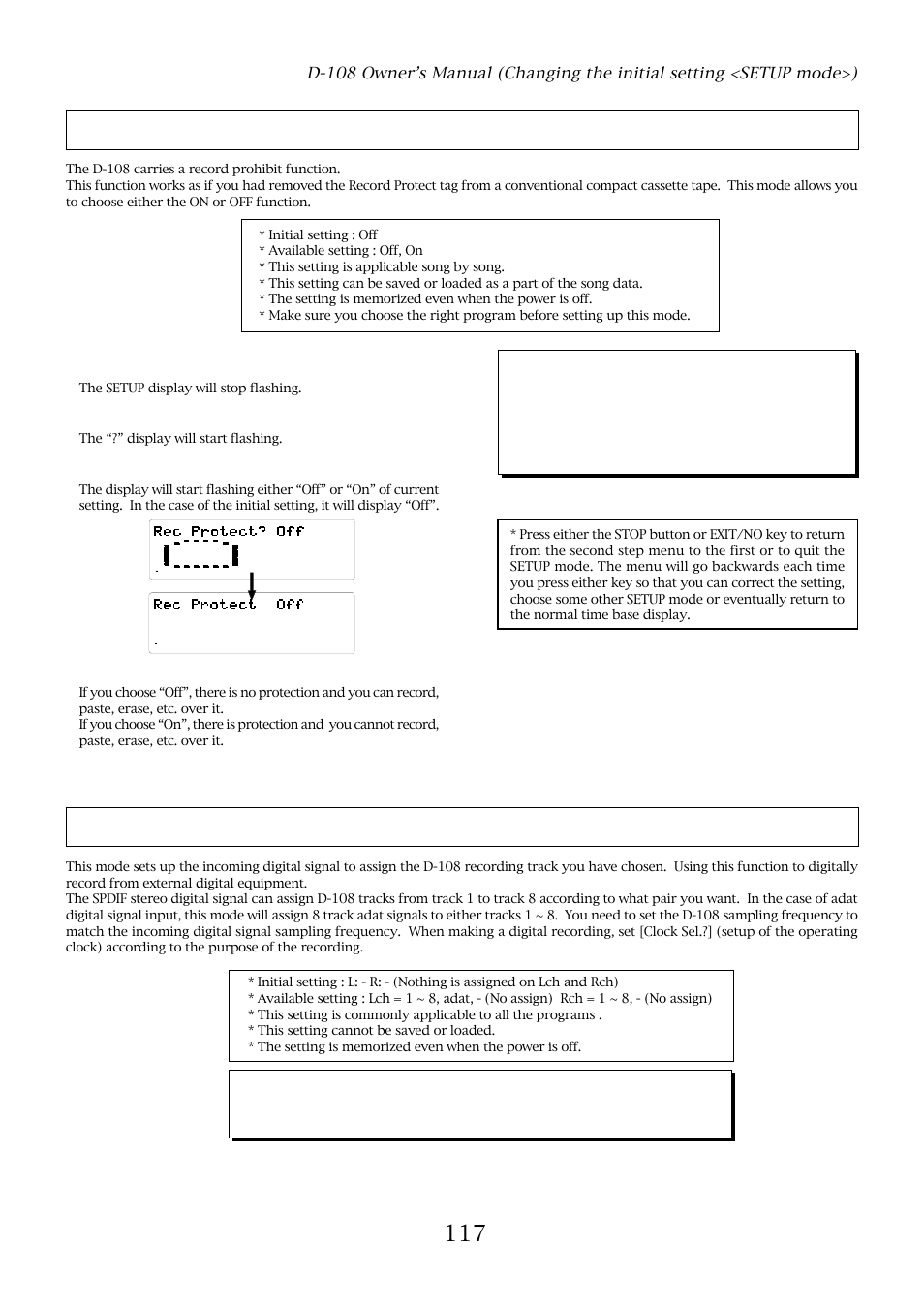 Record protect setting ("rec protect ? "), Digital input track setting ("digi. in ? "), Important | With the jog dial, choose “rec protect, Press the execute/yes key, The setup display will stop flashing, The “?” display will start flashing | Fostex D-108 User Manual | Page 117 / 141
