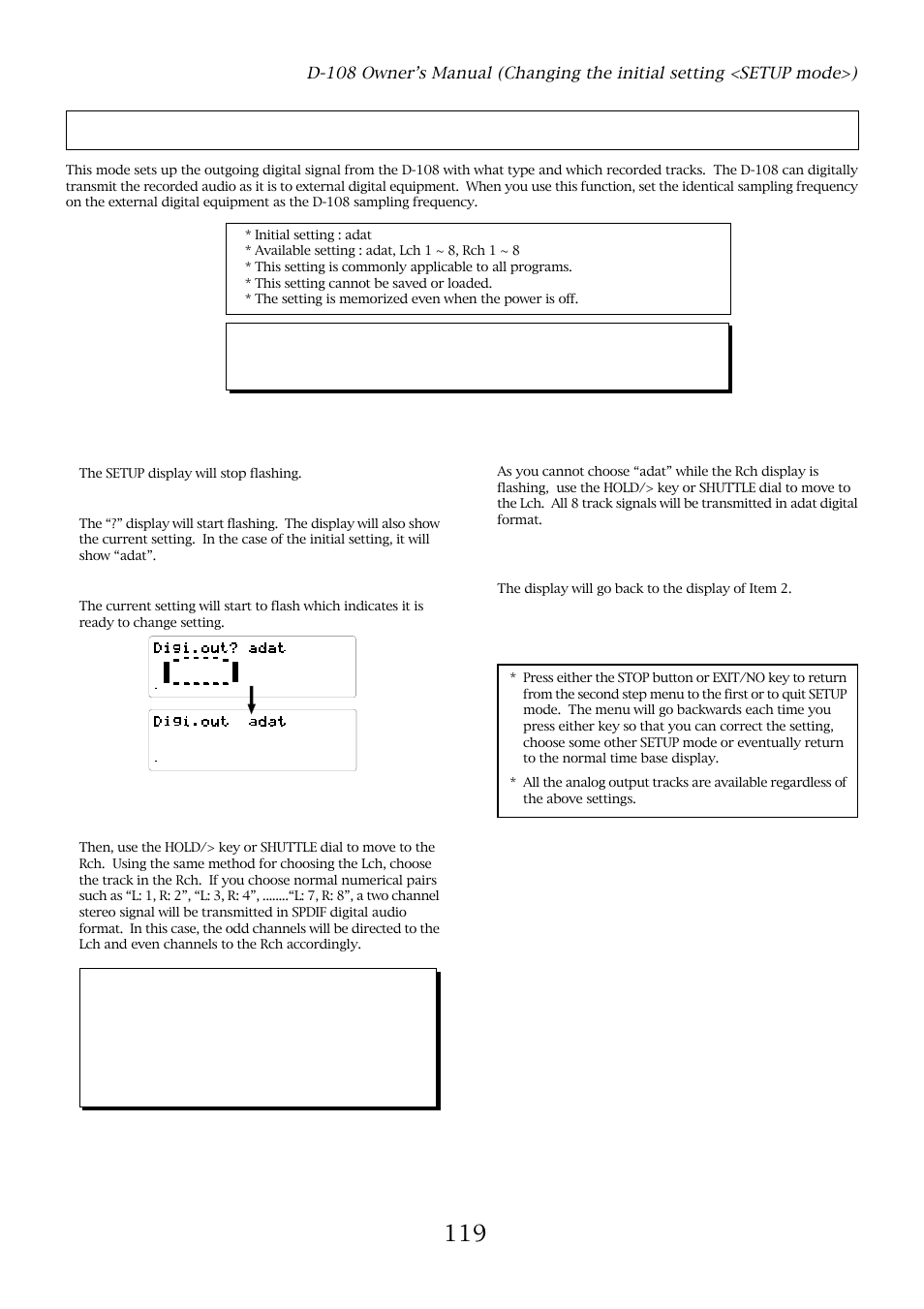 Digital output track setting ("digi. out ? "), Important, With the jog dial, choose “digi.out | Press the execute/yes key, The setup display will stop flashing, The display will go back to the display of item 2 | Fostex D-108 User Manual | Page 119 / 141