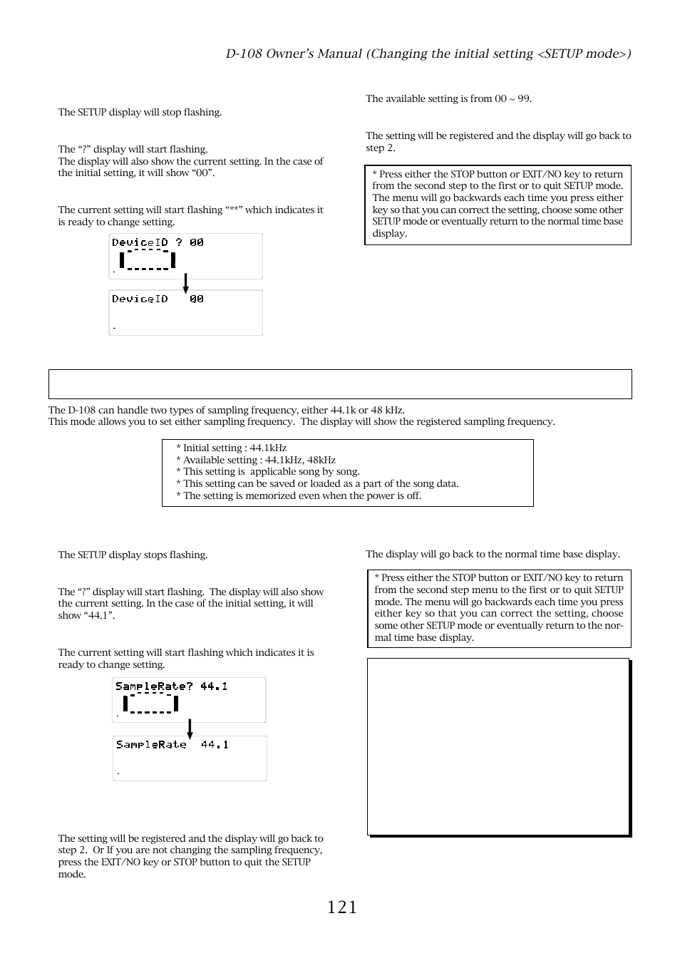 Sampling frequency setting ("sample rate ? "), With the jog dial, choose “device id, Press the execute/yes key | With the jog dial, enter a required id number, Press the execute/yes key once again, With the jog dial, choose “sample rate, The setup display will stop flashing, The available setting is from 00 ~ 99, The setup display stops flashing | Fostex D-108 User Manual | Page 121 / 141