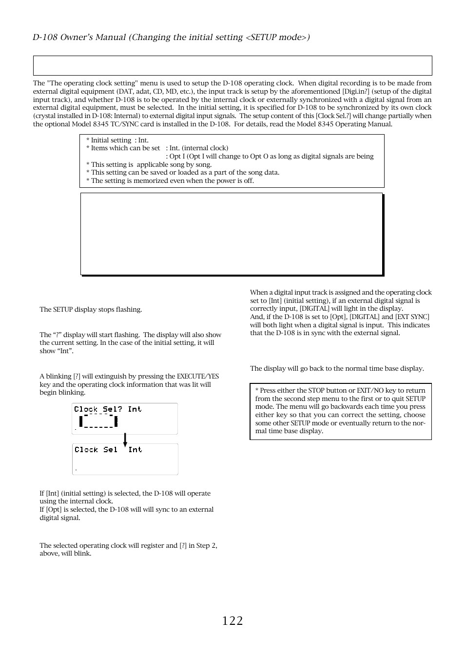 The operating clock setting ("clock sel. ? "), With the jog dial, choose “clock sel, Press the execute/yes key | With the jog dial, choose either “int” or “opt, Press the execute/yes key to process, The setup display stops flashing | Fostex D-108 User Manual | Page 122 / 141