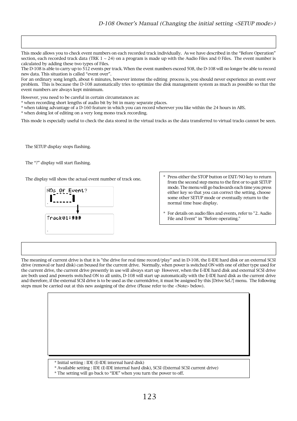 Current drive setting ("drive sel. ? "), With the jog dial, choose “nos of event, Press the execute/yes key | The setup display stops flashing, The “?” display will start flashing | Fostex D-108 User Manual | Page 123 / 141