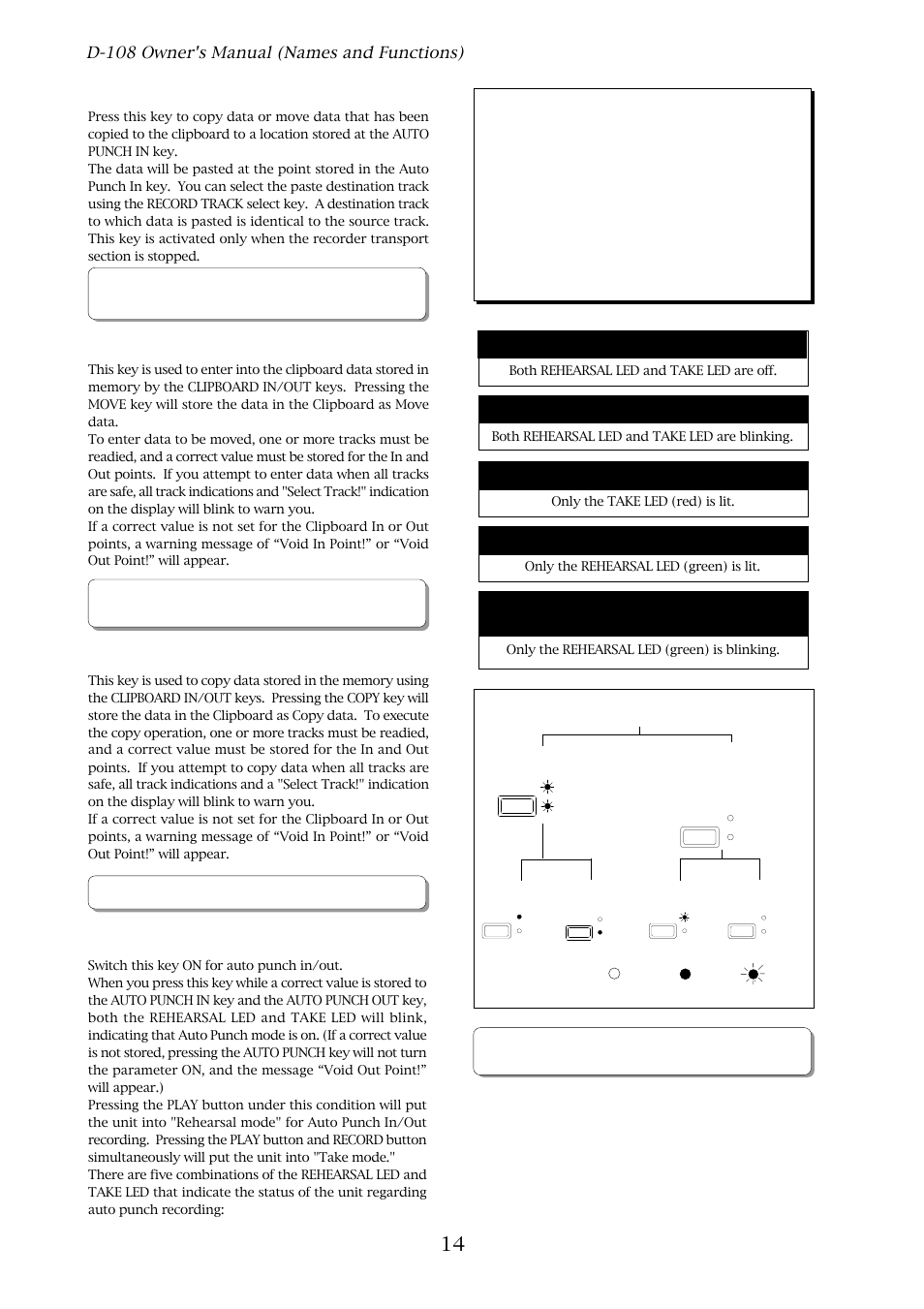 D-108 owner's manual (names and functions), Paste key [paste, Move key [move | Copy key [copy, Auto punch mode on/off key [auto punch, Punch in/out mode | Fostex D-108 User Manual | Page 14 / 141