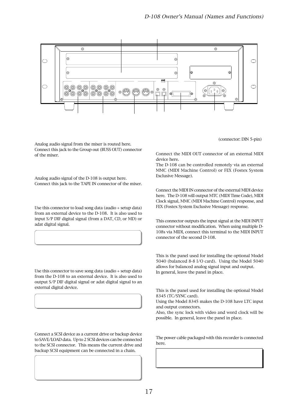 Rear panel, D-108 owner's manual (names and functions), Input jack [analog in 1-8] (connector: rca pin) | Output jack [analog out 1-8] (connector: rca pin), Scsi connector [scsi] (connector: d-sub 25-pin), Panel a for an optional card, Panel b for an optional card, Ac in connector | Fostex D-108 User Manual | Page 17 / 141