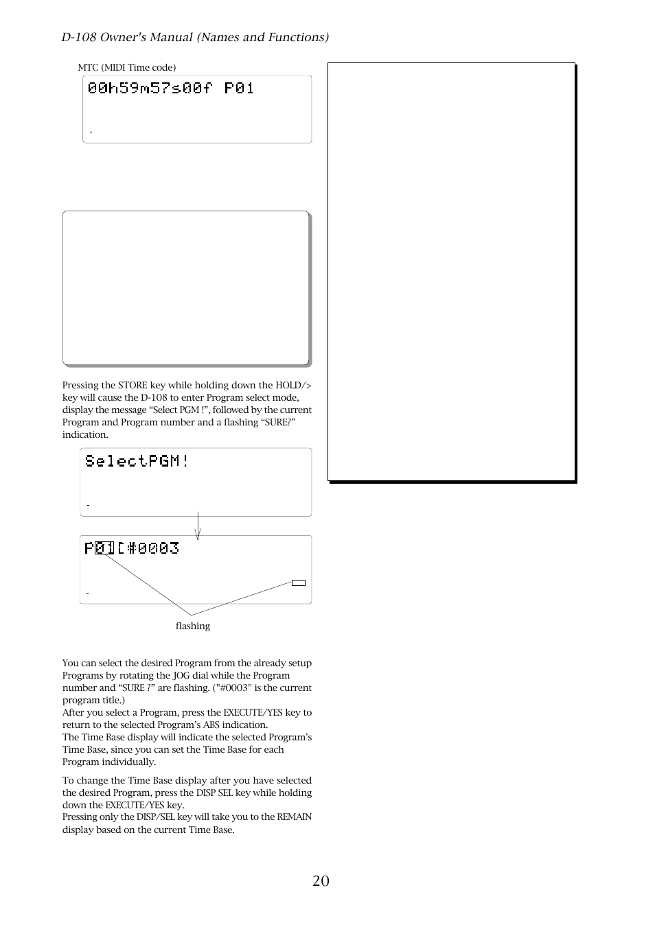 About the program change function, D-108 owner's manual (names and functions), Mtc (midi time code) | Fostex D-108 User Manual | Page 20 / 141