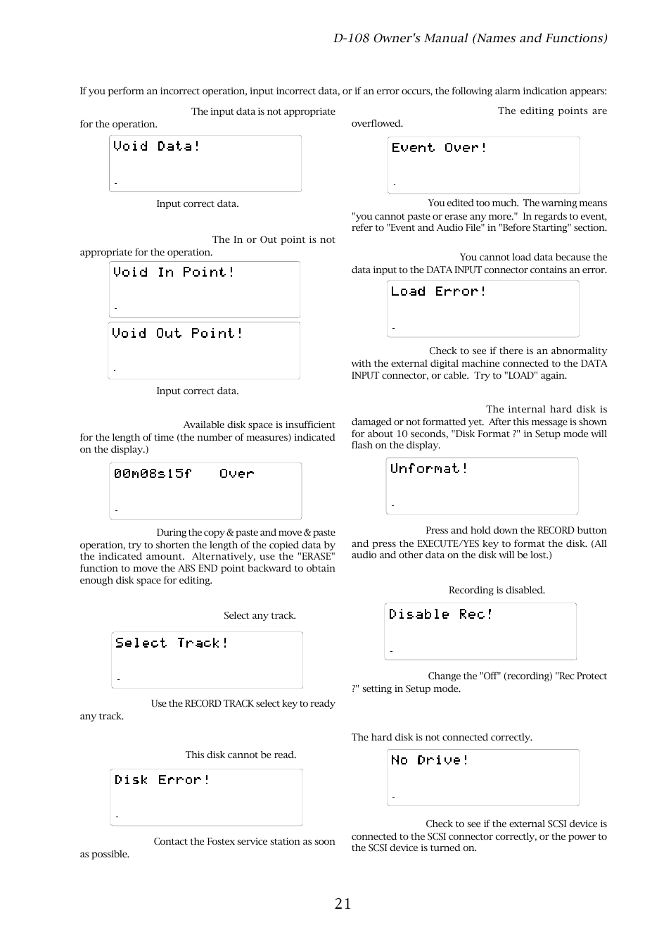 Warning messages, D-108 owner's manual (names and functions), Invalid data indication | Action to take, Invalid in/out indication, Overtime indication, Unassigned track indication, Event overflow indication, Load error indication, Un-formatted indication | Fostex D-108 User Manual | Page 21 / 141