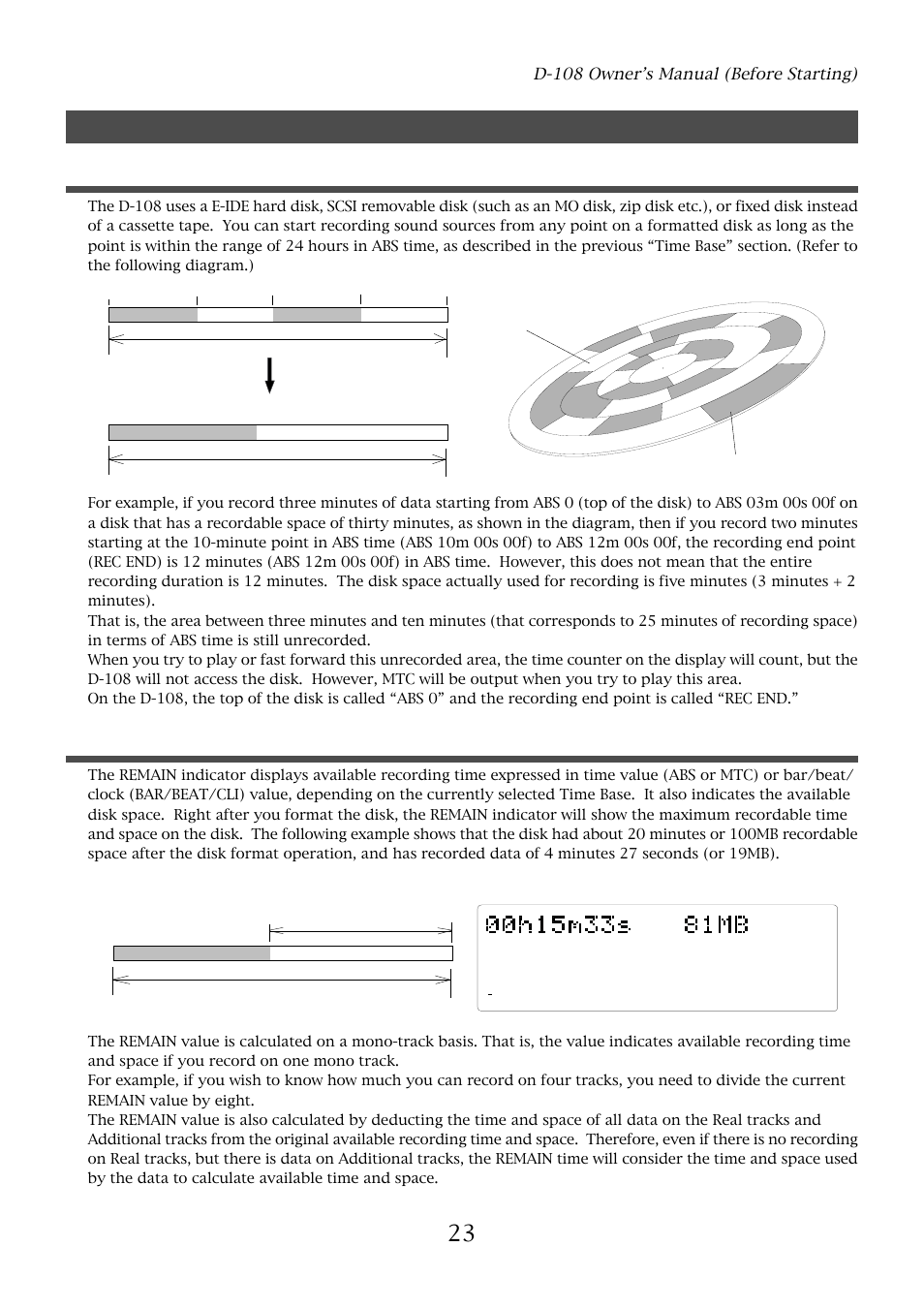 Recording method and remain indicator, Recording method, Remain indicator | D-108 owner’s manual (before starting) | Fostex D-108 User Manual | Page 23 / 141