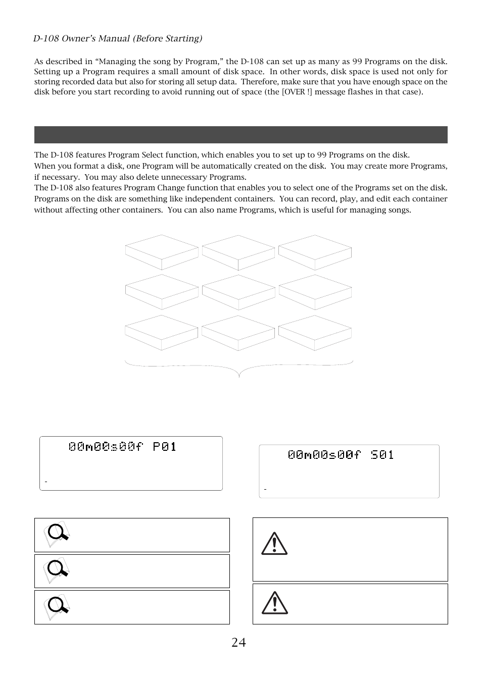 Managing songs by program change function, D-108 owner’s manual (before starting) | Fostex D-108 User Manual | Page 24 / 141