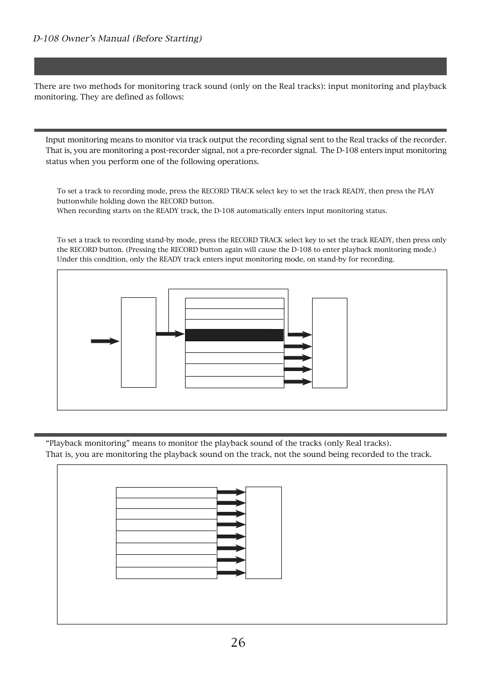 Input monitoring and playback monitoring, Playback monitoring, Input monitoring | Fostex D-108 User Manual | Page 26 / 141