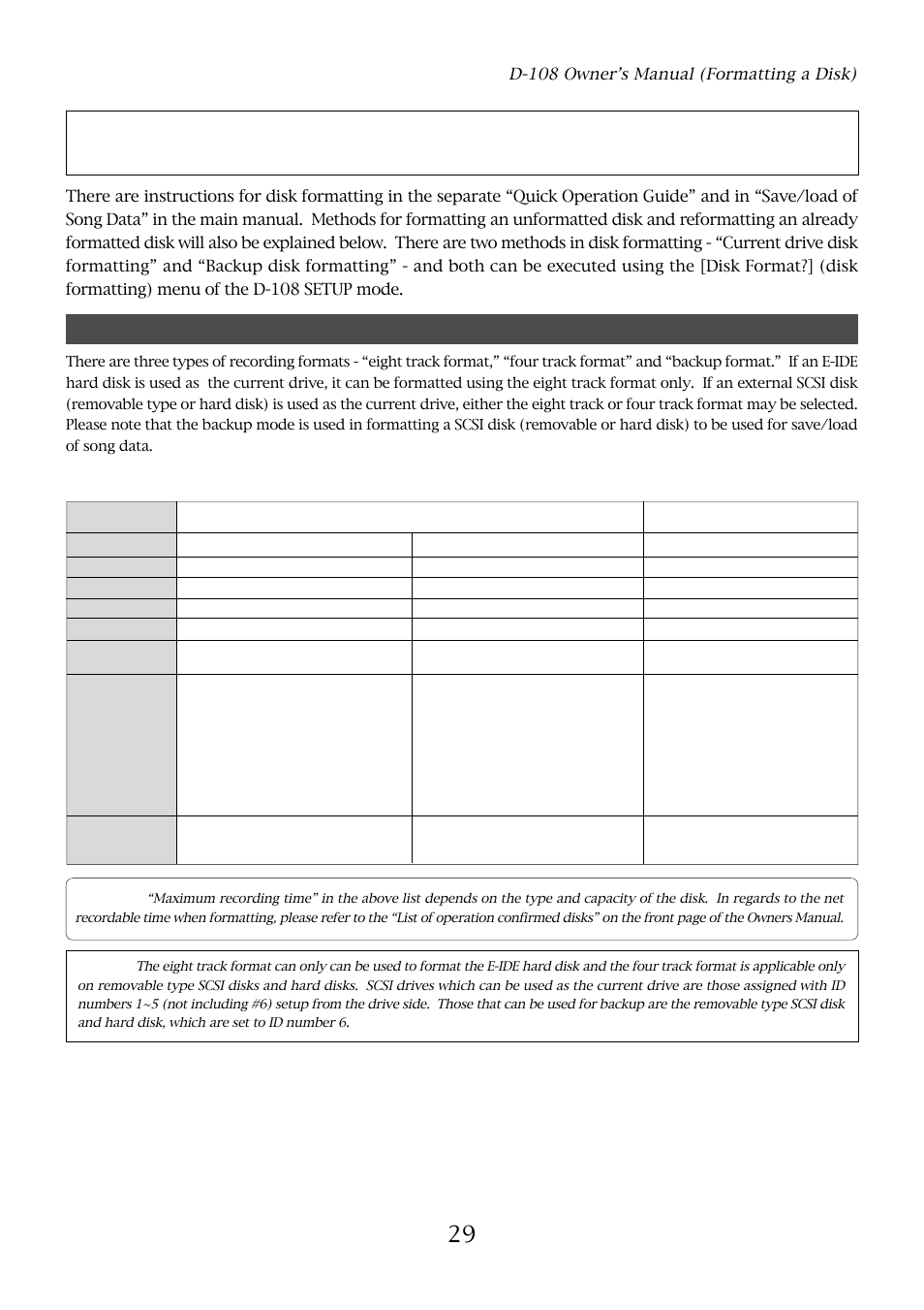 Formatting a disk, The recording format | Fostex D-108 User Manual | Page 29 / 141