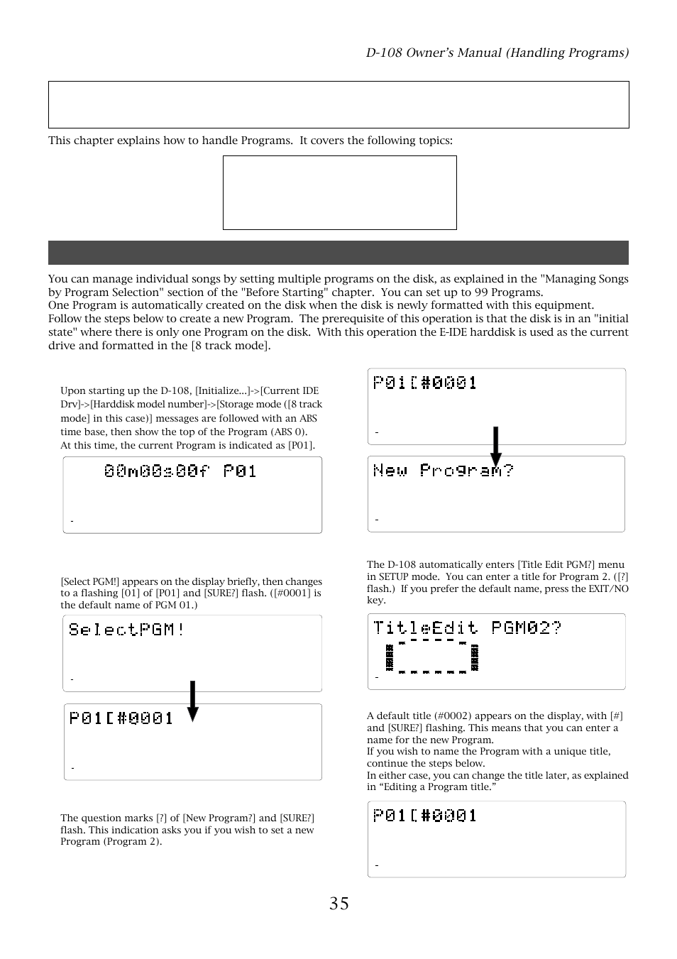 Handling programs, Creating a new program, D-108 owner’s manual (handling programs) | Press the execute/yes key again, Press the execute/yes key, Turn the jog dial clockwise | Fostex D-108 User Manual | Page 35 / 141