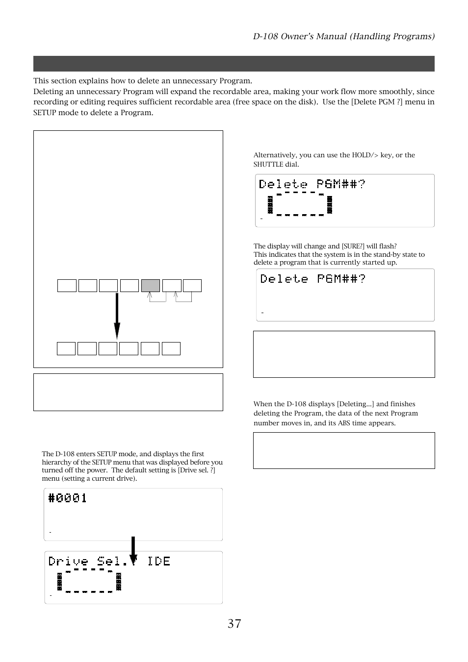 Deleting a program, D-108 owner’s manual (handling programs), Press the execute/yes key | Press the execute/yes key again, After deleted | Fostex D-108 User Manual | Page 37 / 141