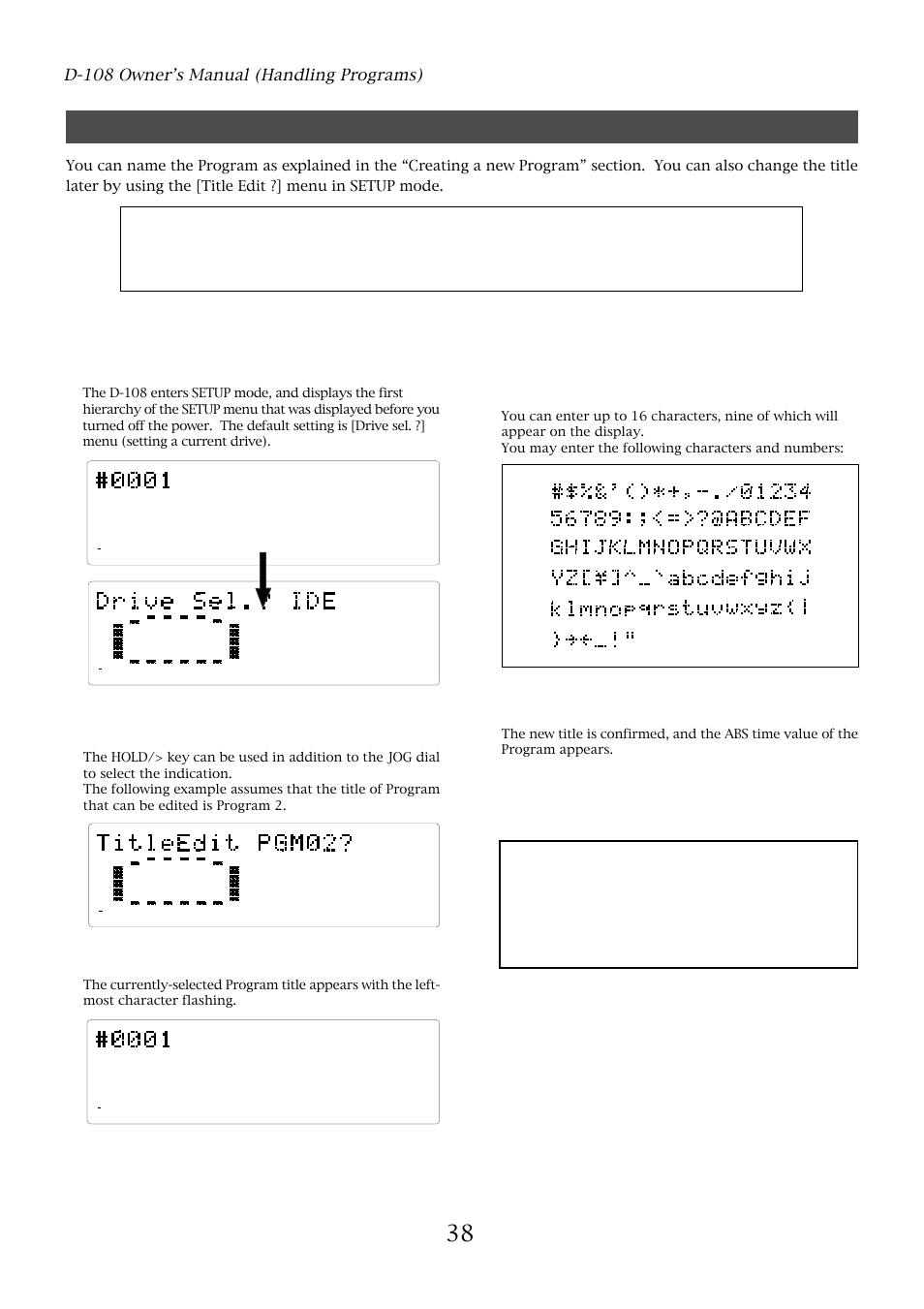 Editing a program title, D-108 owner’s manual (handling programs), Press the execute/yes key | Fostex D-108 User Manual | Page 38 / 141