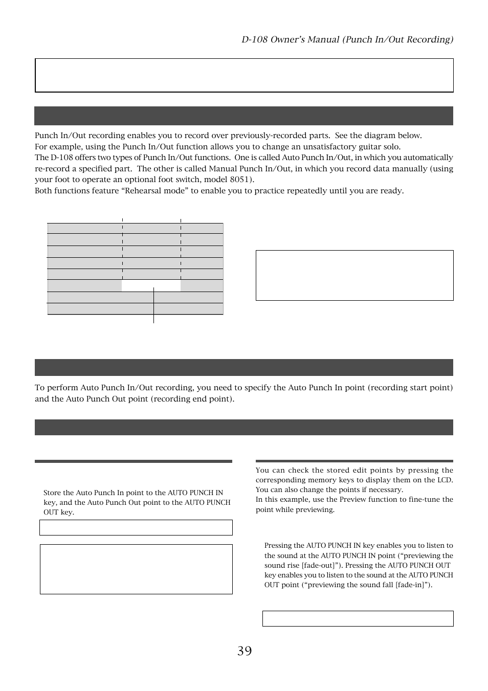 Punch in/out recording, What is punch in/out recording, Preparation auto punch in/out | Storing the edit points, Previewing and trimming the edit points | Fostex D-108 User Manual | Page 39 / 141