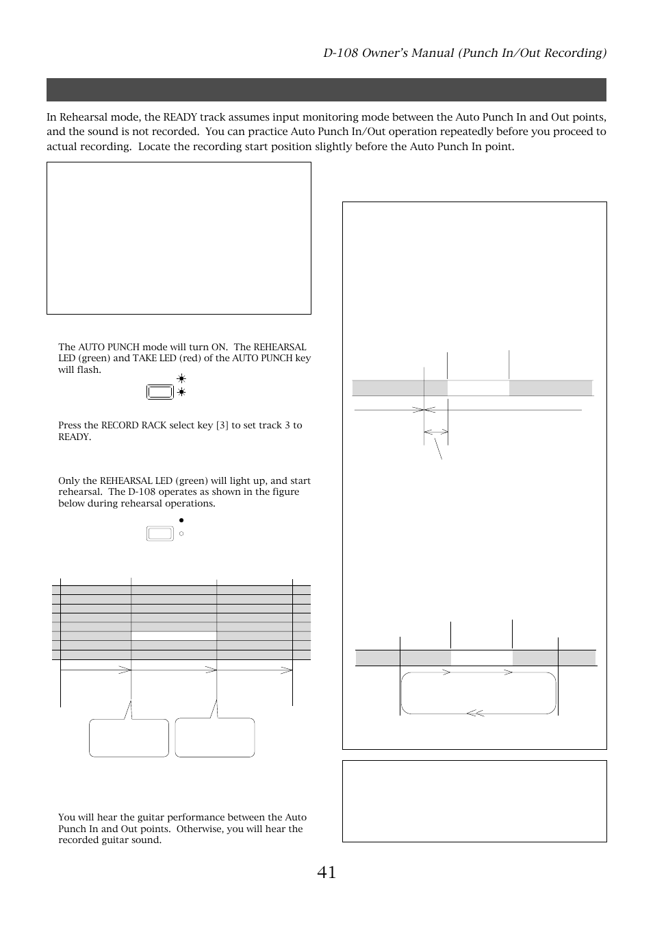 Rehearsing auto punch in/out recording, Tips for rehearsal, D-108 owner’s manual (punch in/out recording) | Press the auto punch key, Set the track for auto punch in/out to ready | Fostex D-108 User Manual | Page 41 / 141