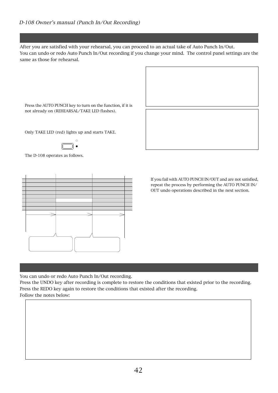 Auto punch in/out take, Undo/redo auto punch in/out recording, Caution after punch out | D-108 owner’s manual (punch in/out recording) | Fostex D-108 User Manual | Page 42 / 141