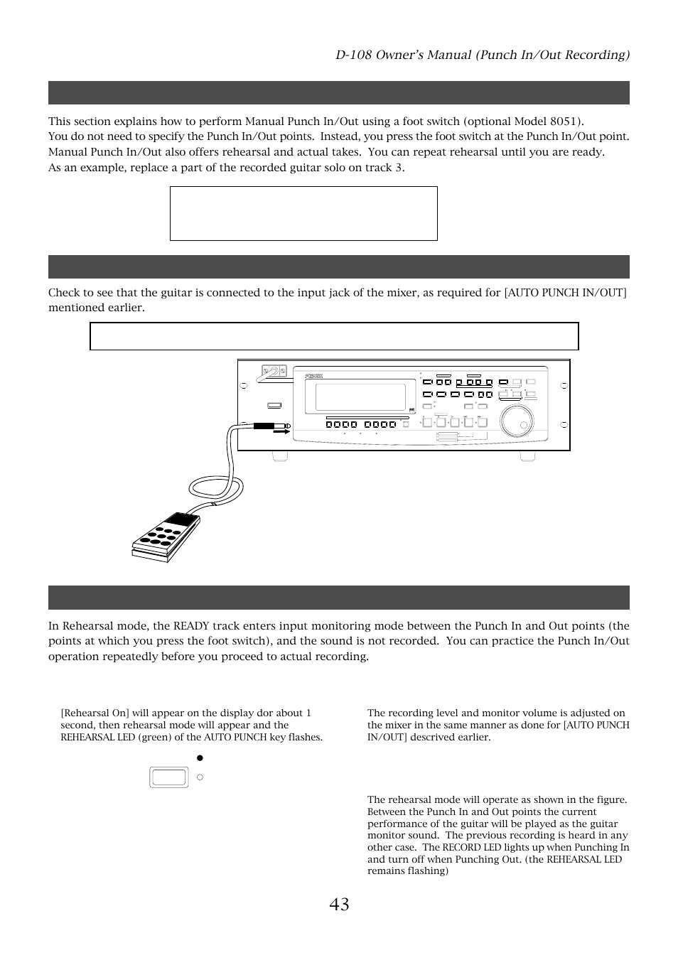 Manual punch in/out, Preparation, Rehearsing manual punch in/out recording | D-108 owner’s manual (punch in/out recording), Optical, Foot switch model 8051, Punch rehearsal take auto | Fostex D-108 User Manual | Page 43 / 141