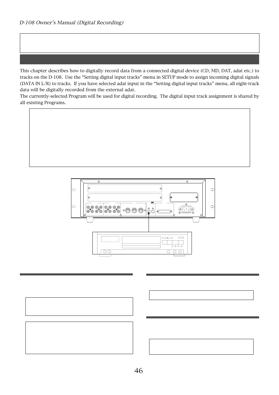 Digital recording, Digital recording from an external digital device, Connecting an external digital device | Selecting a program to record, Setup the d-108 operating clock, D-108 owner’s manual (digital recording), D-108, Optical, External digital device | Fostex D-108 User Manual | Page 46 / 141