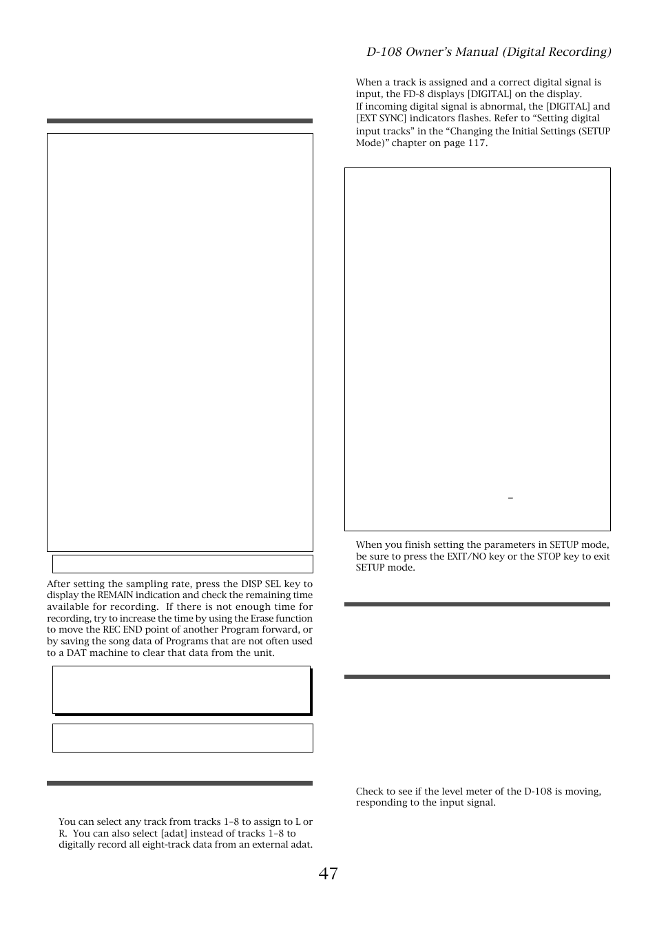 Setting up a digital input track, Selecting a recording track, Starting and quitting recording | Setting the sampling rate for a recording program | Fostex D-108 User Manual | Page 47 / 141