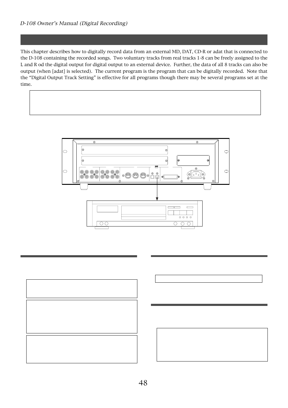 Digital recording to an external device, Connecting an external digital device, Selecting a playback program | Setting the sampling rate for a playback program, D-108 owner’s manual (digital recording), D-108, Optical, External digital device | Fostex D-108 User Manual | Page 48 / 141