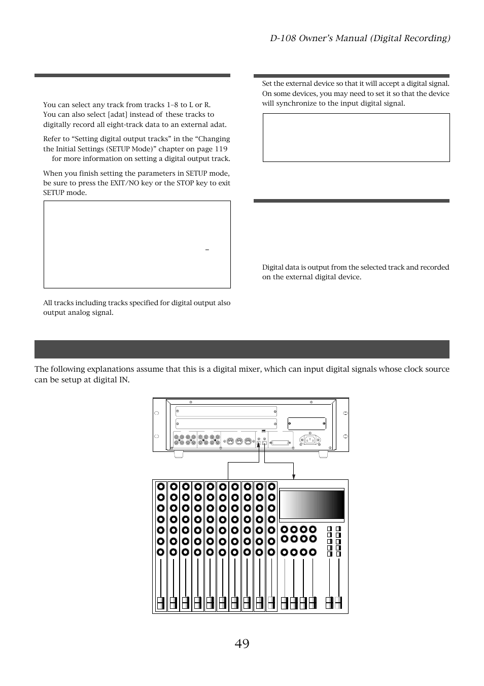 Connecting a digital mixer, Setting a digital output track, Setting up an external device | Starting and quitting recording, D-108 owner’s manual (digital recording), Ac in, Optical | Fostex D-108 User Manual | Page 49 / 141