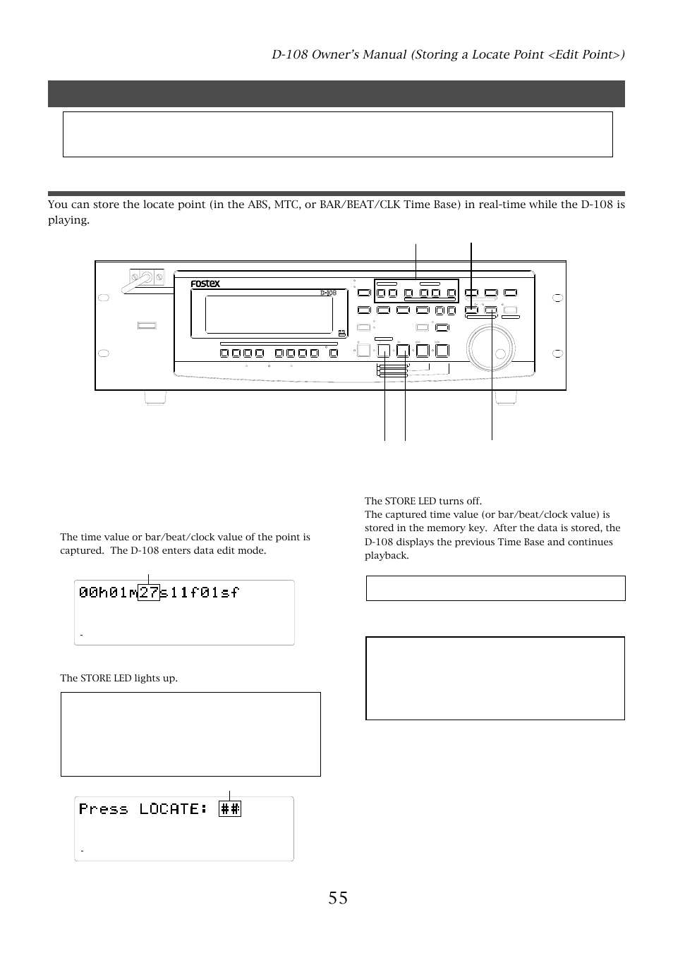 Storing in real-time, Press the store key, Press the stop button | Optical, The store led lights up, Flashing | Fostex D-108 User Manual | Page 55 / 141