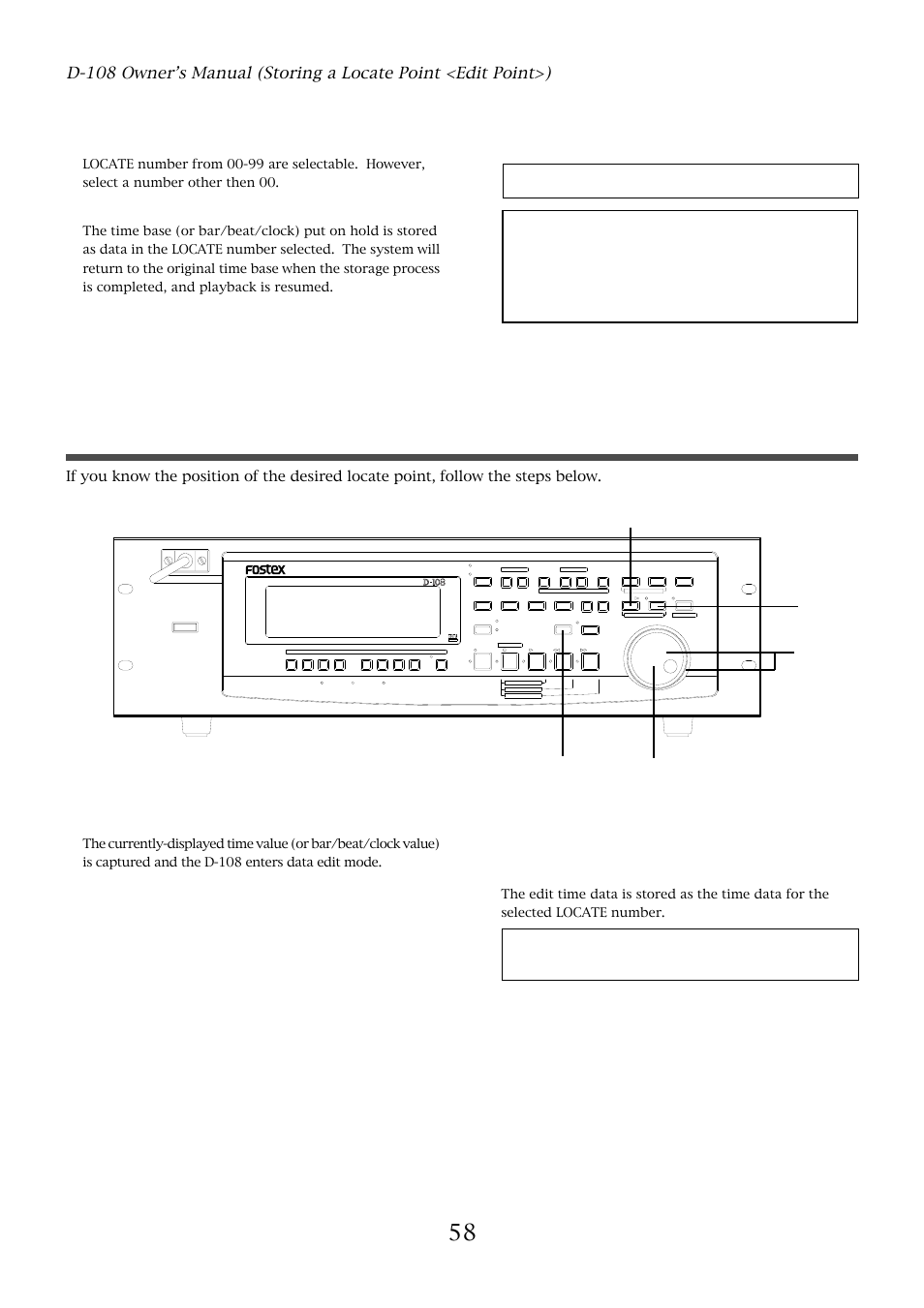 Editing and storing locate data, Next press the locate key, Press the hold/> key while the d-108 is stopped | Optical | Fostex D-108 User Manual | Page 58 / 141