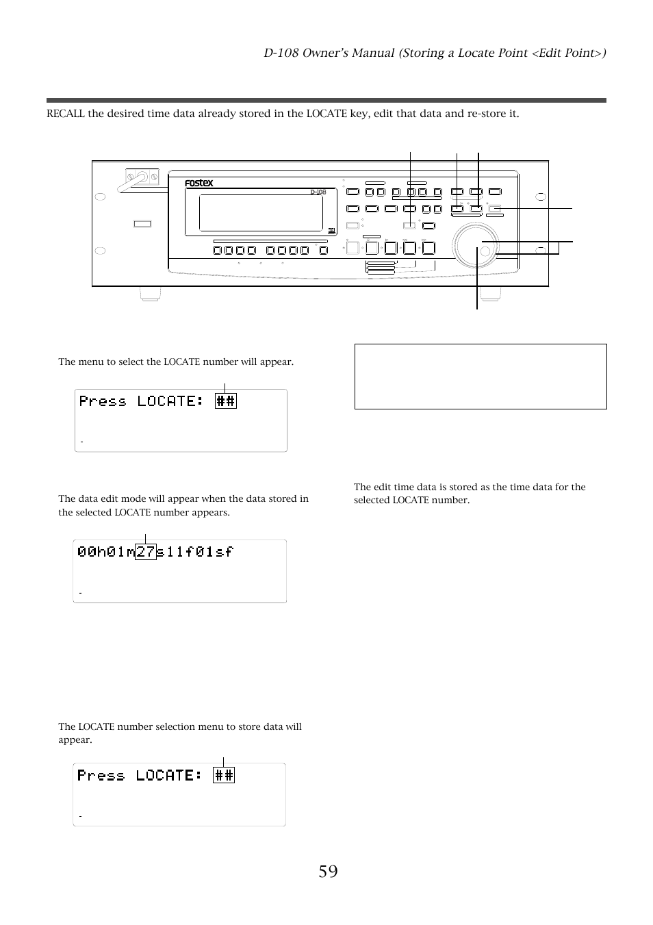 Edit and re-store data that is already stored, Press the recall key while the d-108 is stopped, Optical | The menu to select the locate number will appear, Flashing | Fostex D-108 User Manual | Page 59 / 141