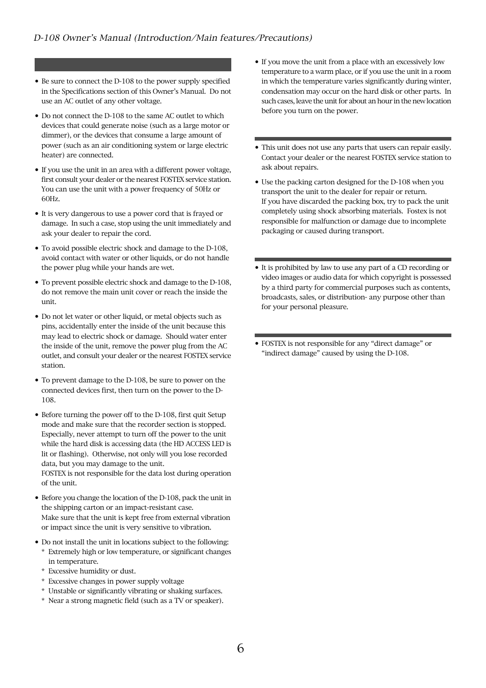 Precautions | Fostex D-108 User Manual | Page 6 / 141